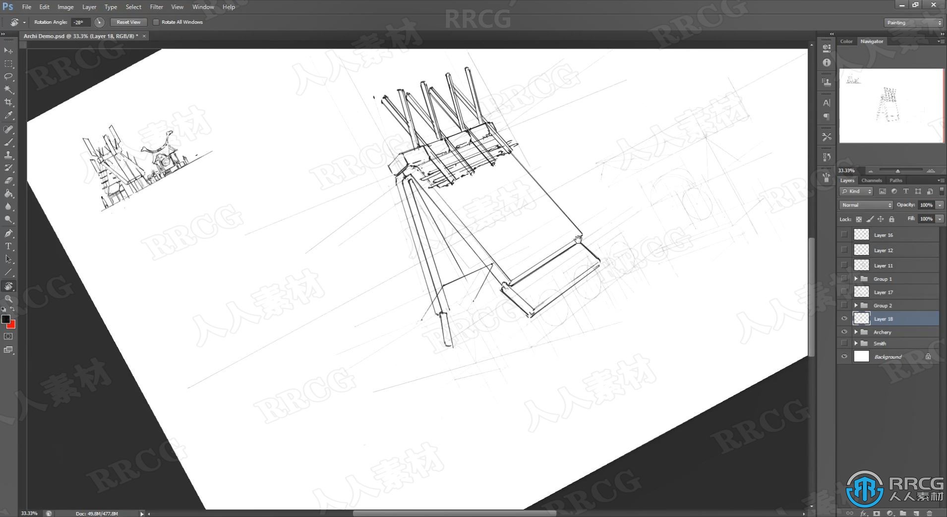 PS初学者建筑素描线稿绘制工作流程视频教程