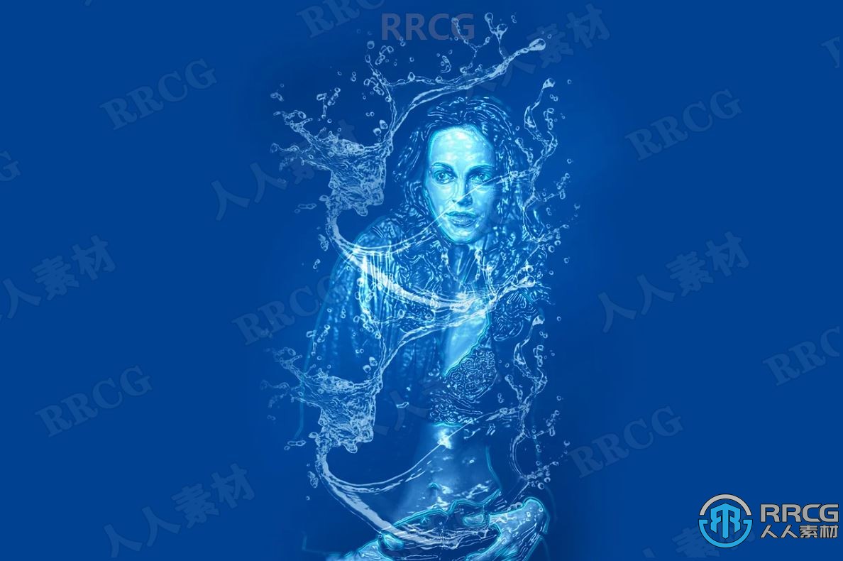 蓝色背景清透逼真水滴水流围绕效果人像艺术图像处理特效PS动作