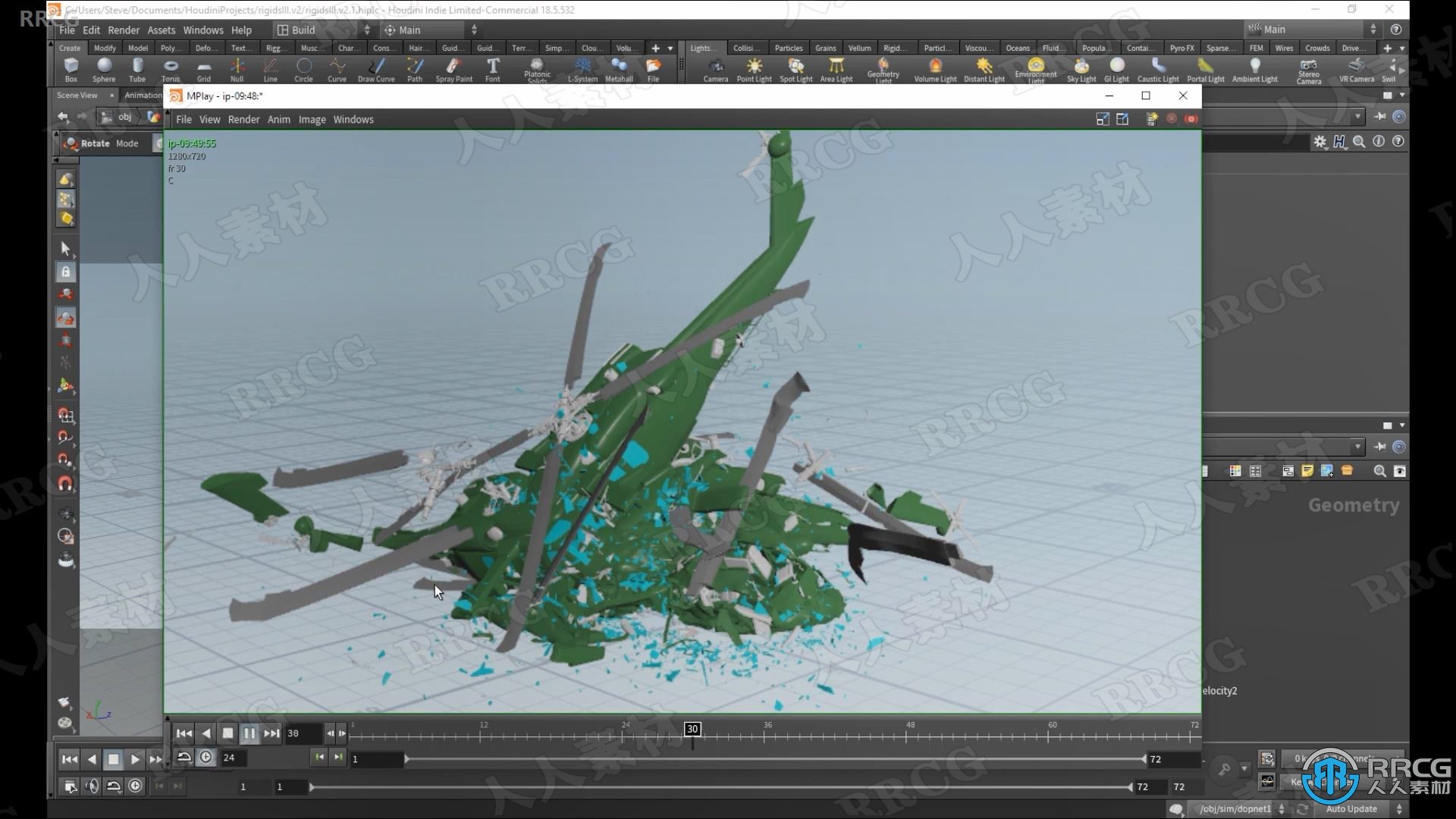 Houdini直升机坠落粉碎刚体变形制作工作流程视频教程