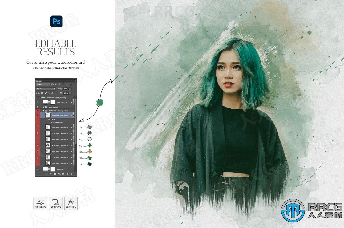 卡通水彩画效果人像艺术图像处理特效PS动作