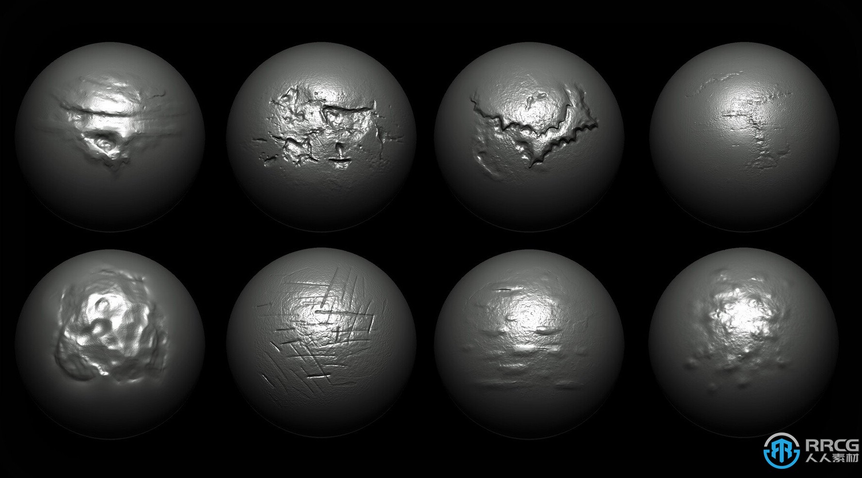 40组损伤破损表面金属质感雕刻Zbrush笔刷合集