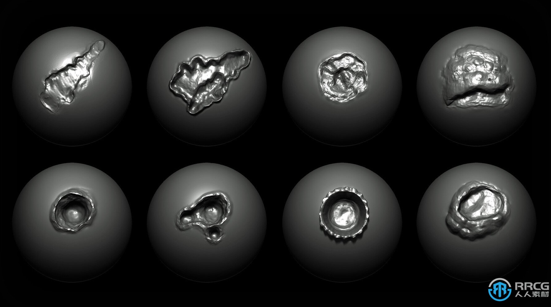 40组损伤破损表面金属质感雕刻Zbrush笔刷合集