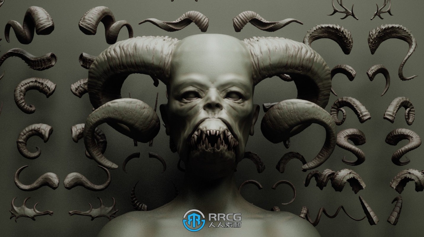 60组恶魔之角鹿角Zbrush IMM和VDM笔刷与3D模型合集