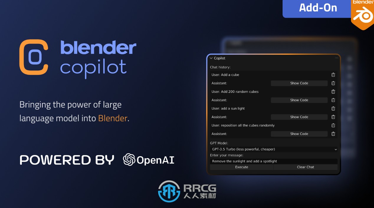 Blender Copilot将ChatGPT转换成可理解执行代码高效流程Blender插件