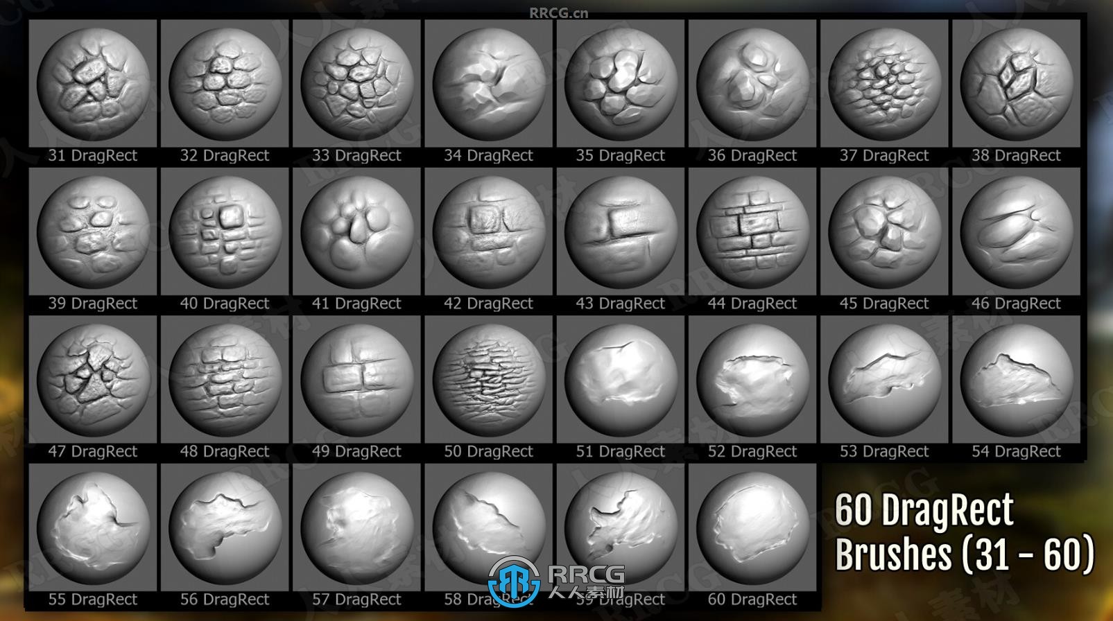 235组墙壁地板建筑砖石雕刻Zbrush笔刷与Alphas自定义贴图合集