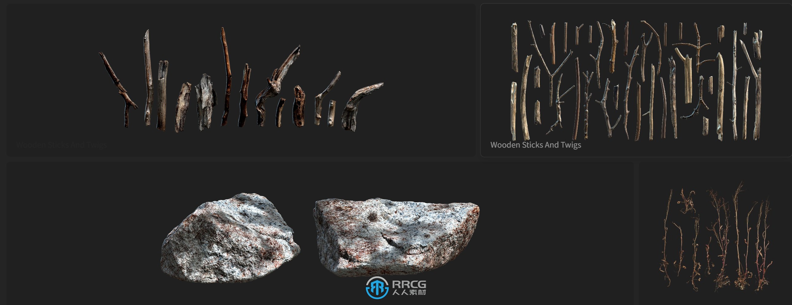 Megascans干草枯石自然植物树木树枝草木3D模型与材质合集