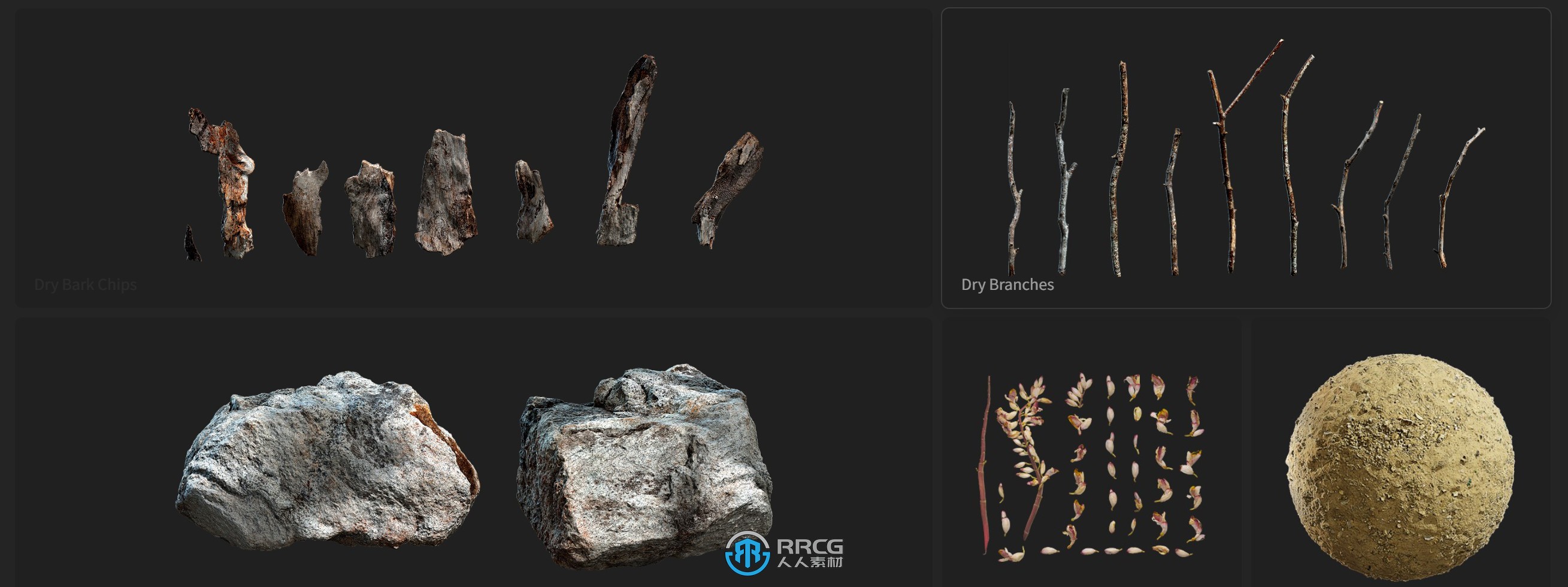 Megascans干草枯石自然植物树木树枝草木3D模型与材质合集