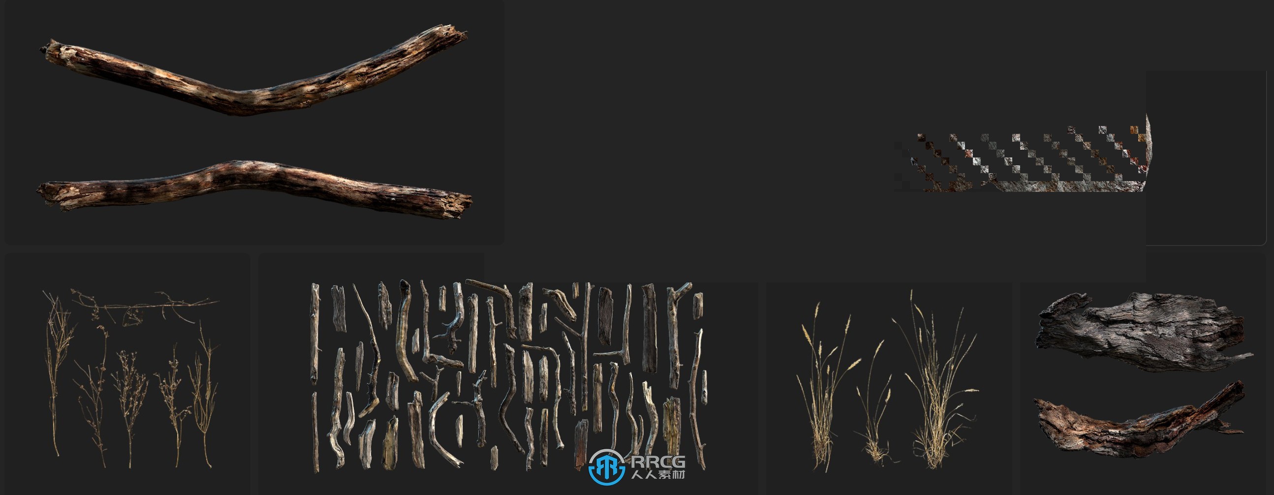 Megascans干草枯石自然植物树木树枝草木3D模型与材质合集