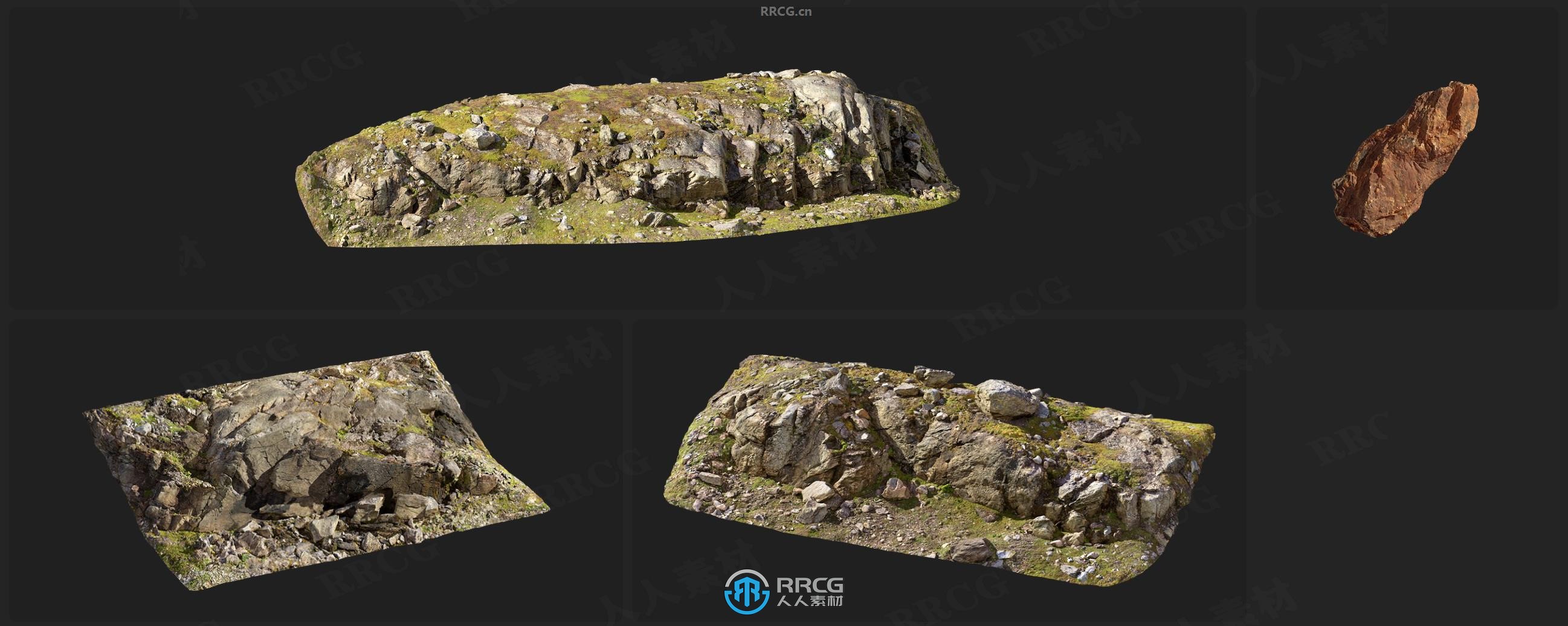 Megascans苔藓岩石植物巨石相关3D模型与贴图合集