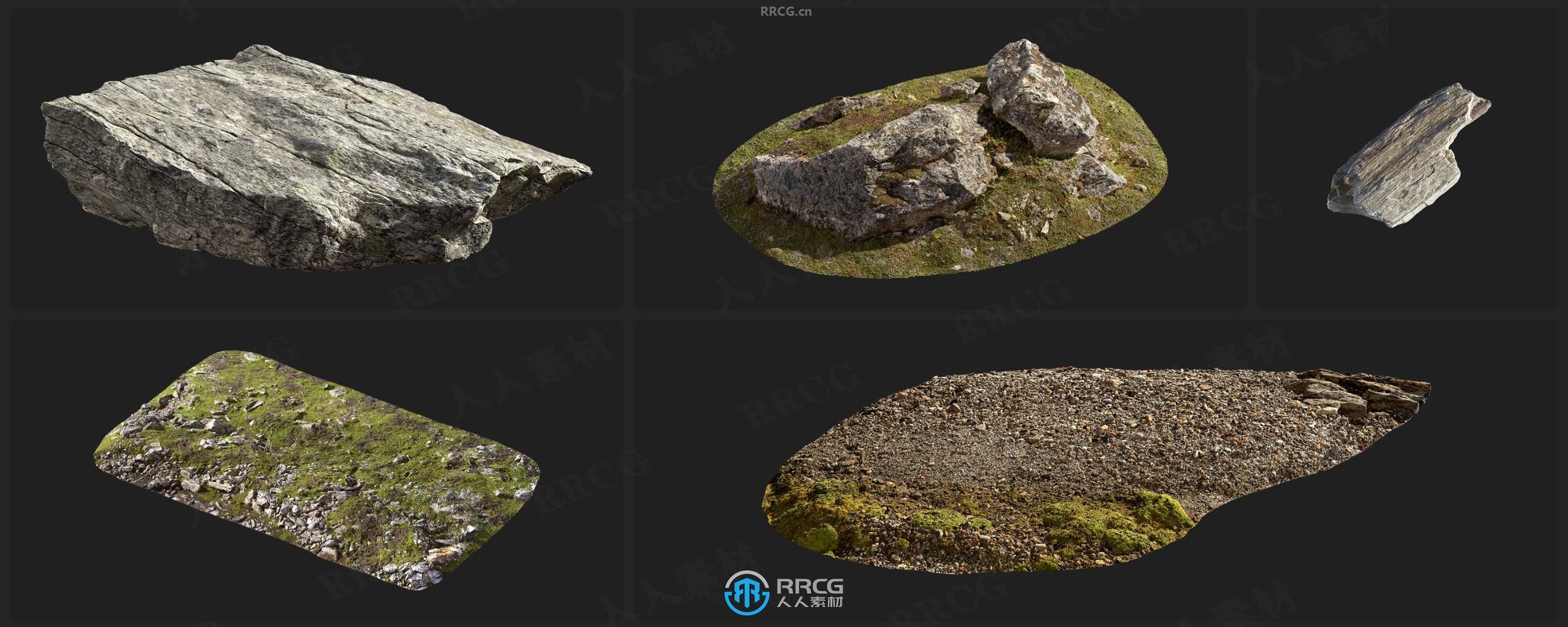 Megascans苔藓岩石植物巨石相关3D模型与贴图合集