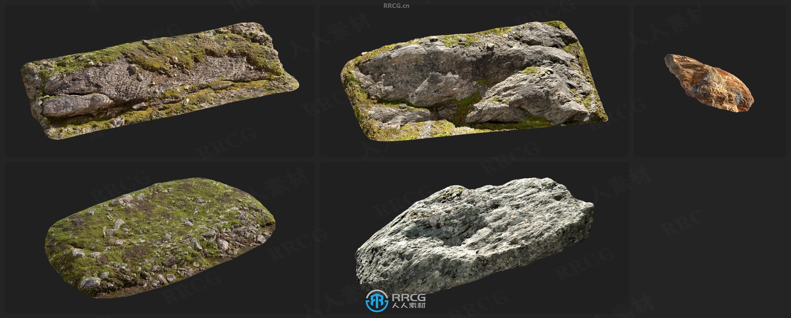 Megascans苔藓岩石植物巨石相关3D模型与贴图合集