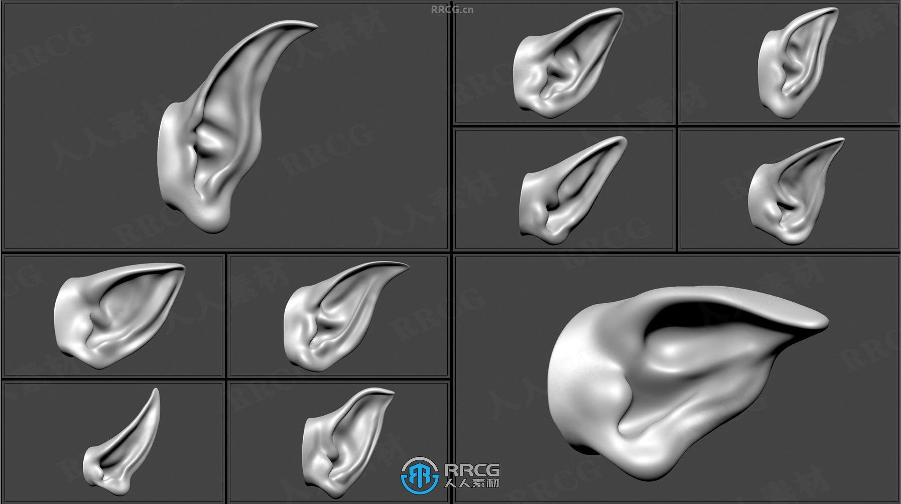50组人形生物耳朵Zbrush IMM笔刷与3D模型合集