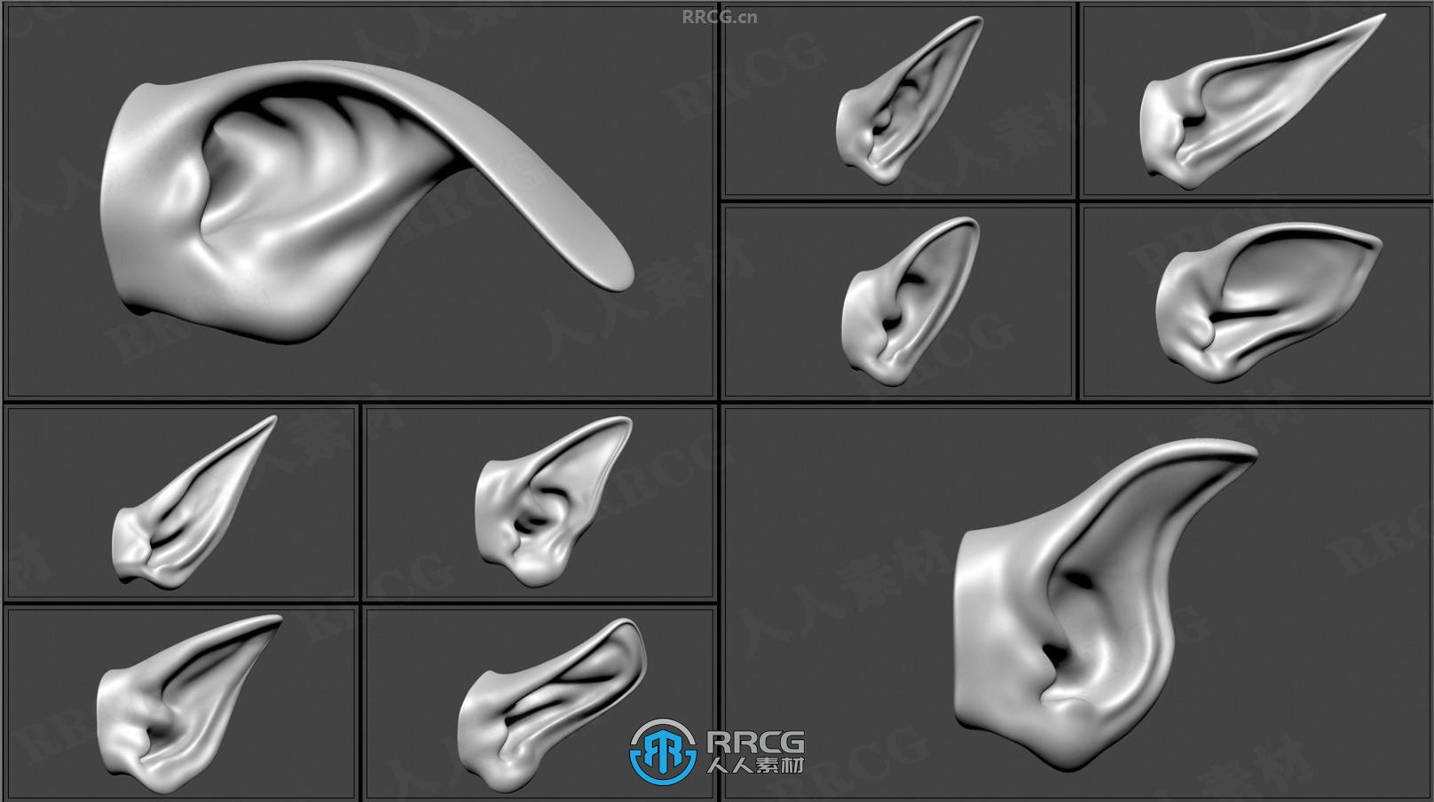 50组人形生物耳朵Zbrush IMM笔刷与3D模型合集