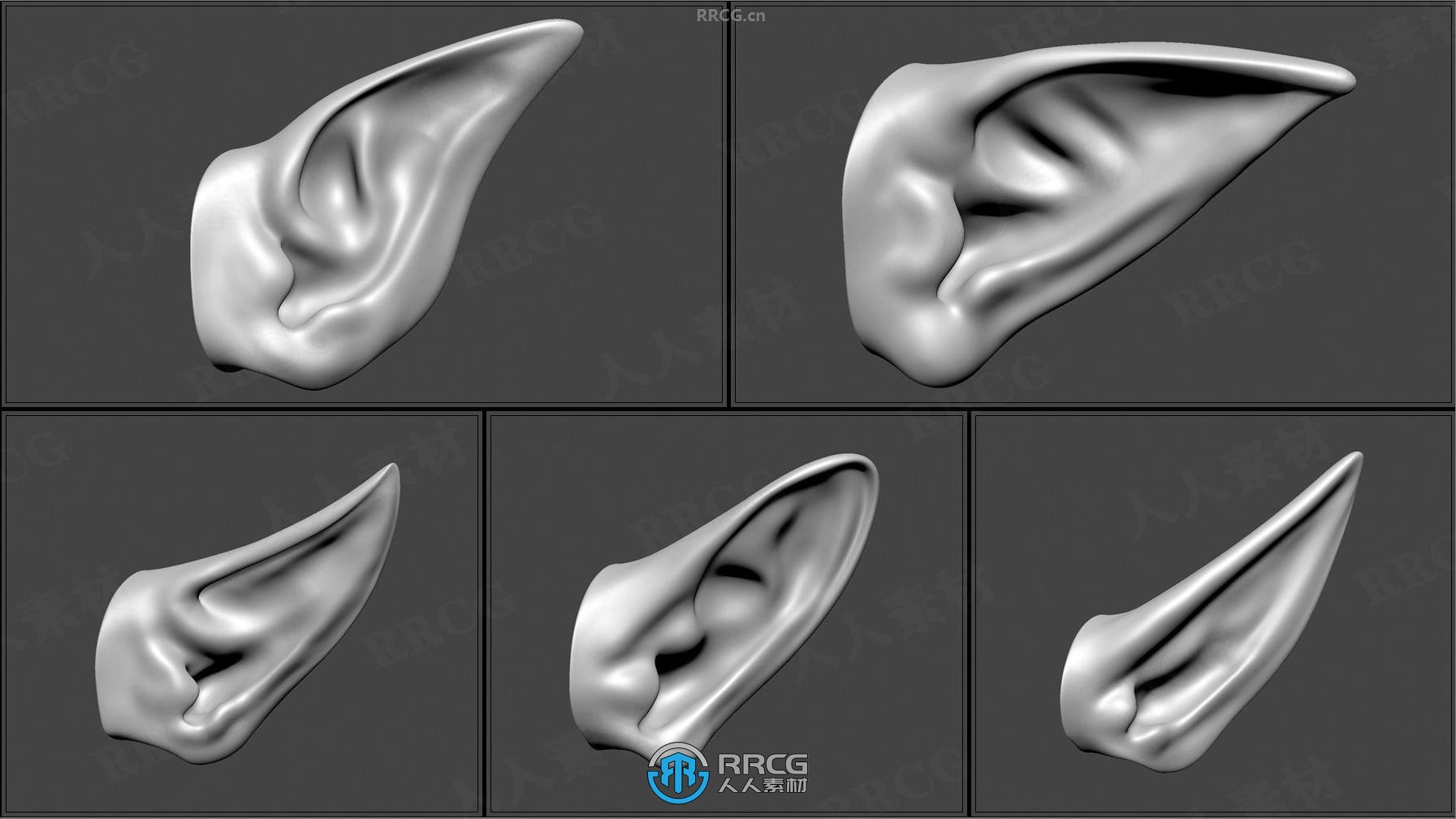 50组人形生物耳朵Zbrush IMM笔刷与3D模型合集