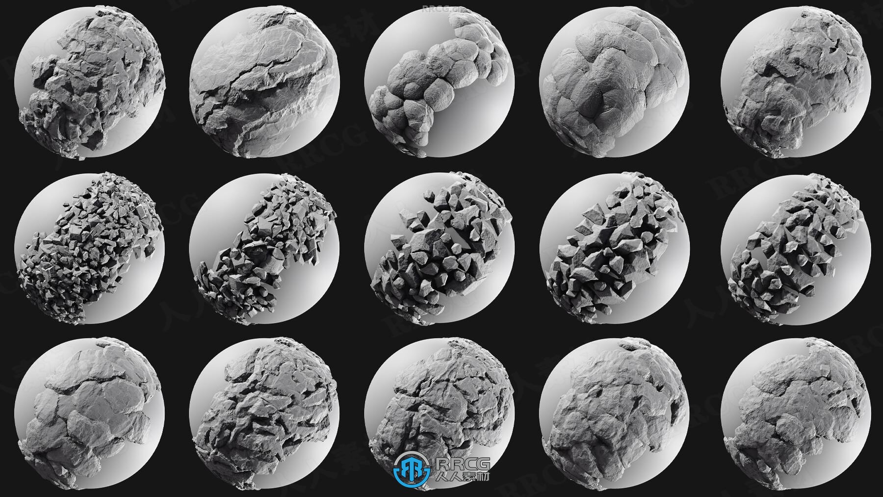 100组高质量岩石雕刻细节Zbrush笔刷与Alpha贴图