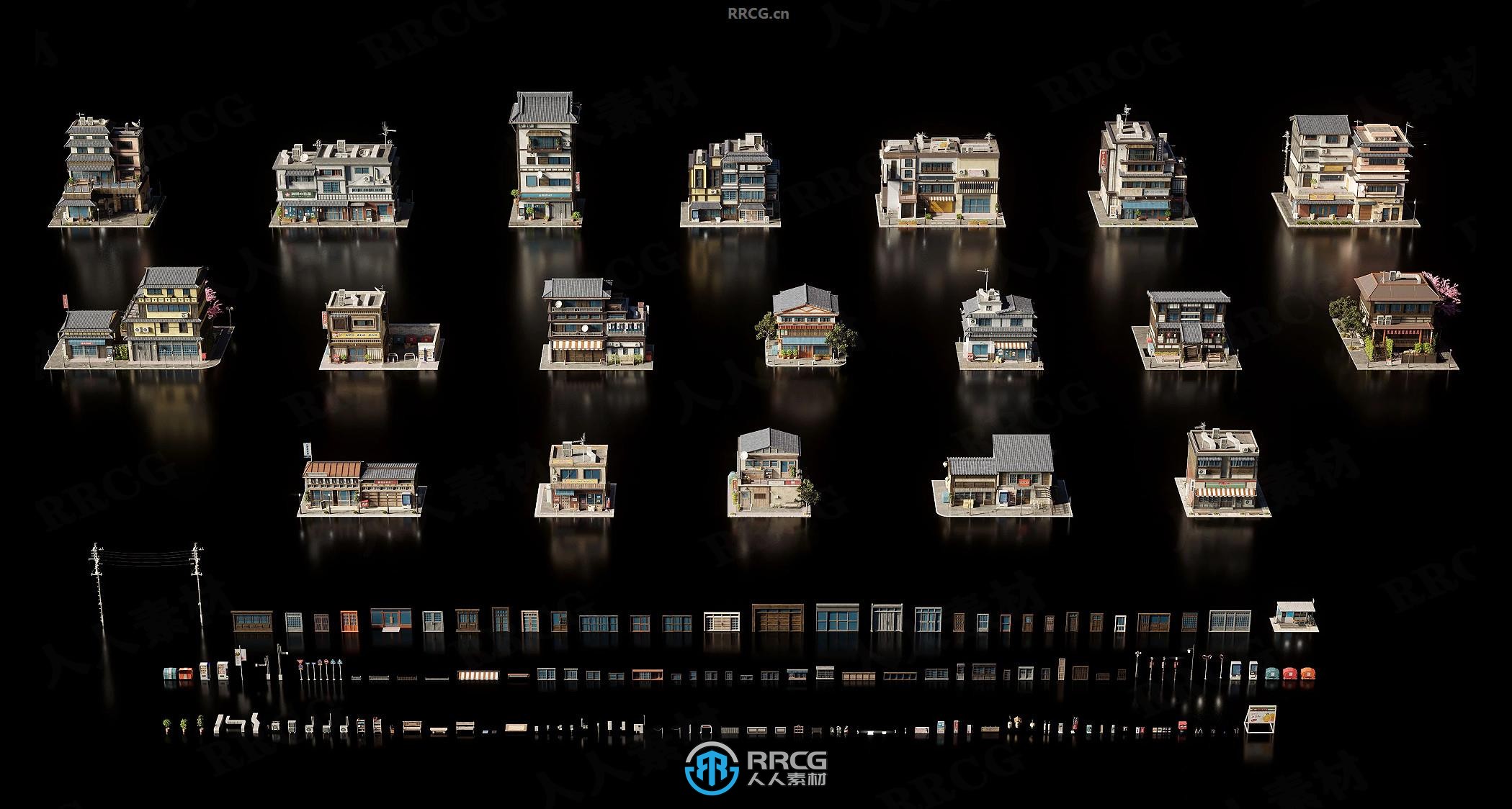 日本传统现代融合城市与乡村建筑环境场景3D模型合集