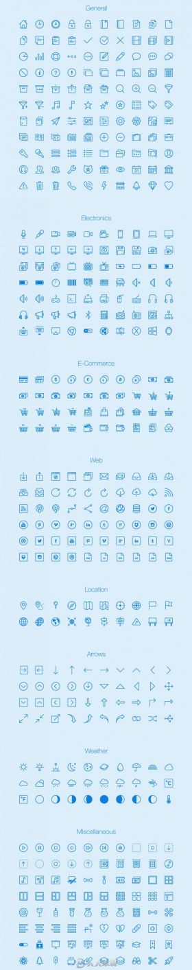 一系列蓝色十分实用的线框图标ICO UI图标界面