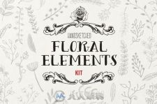 花卉元素平面展示PSD模板Handsketched Floral Elements Kit